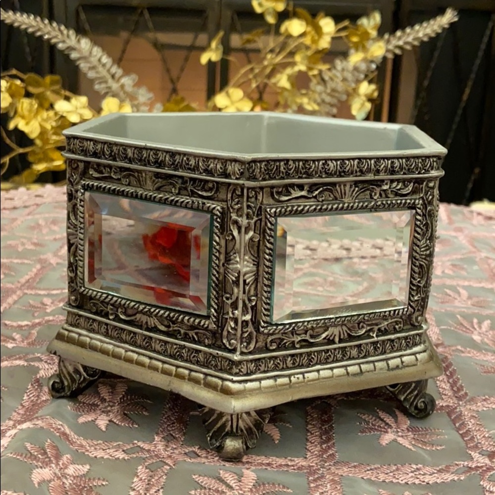 Silver mirror box and candle stands